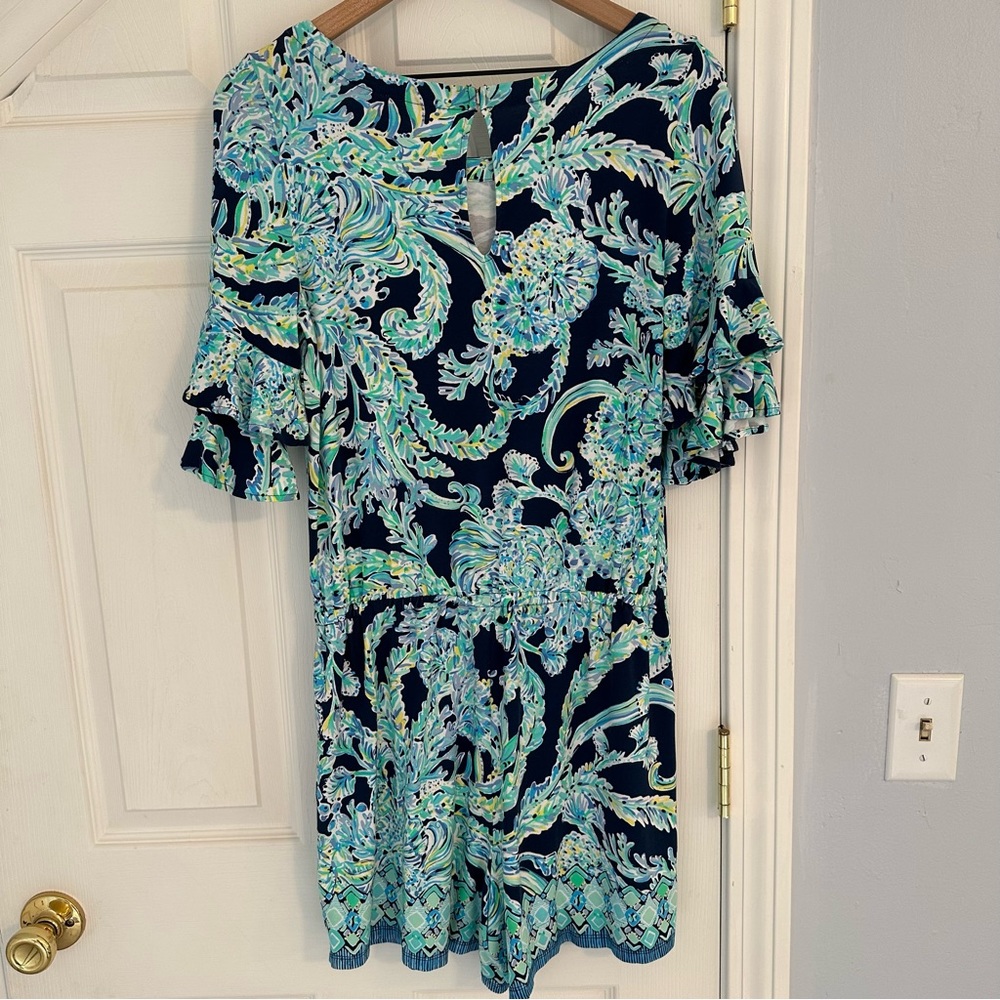 Lilly Pulitzer Lula Romper High Tide Navy Scuba Doo Ruffled Sleeves, Size Medium - Picture 10 of 15